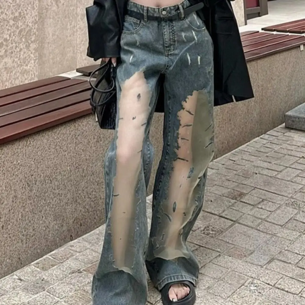

Patchwork High Waist Casual Mesh Jeans Loose Straight Ripped Jeans See Through Irregular Wide Leg Denim Pants Daily