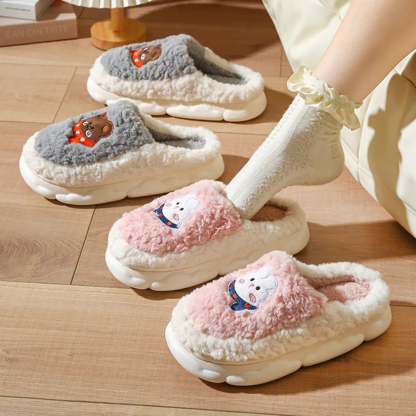 Fuzzy Slipper Women Cartoon Rabbit Bear Winter Warm Plush Indoor Floor Non Slip House Home Men Male Shoes Female 2024 New In