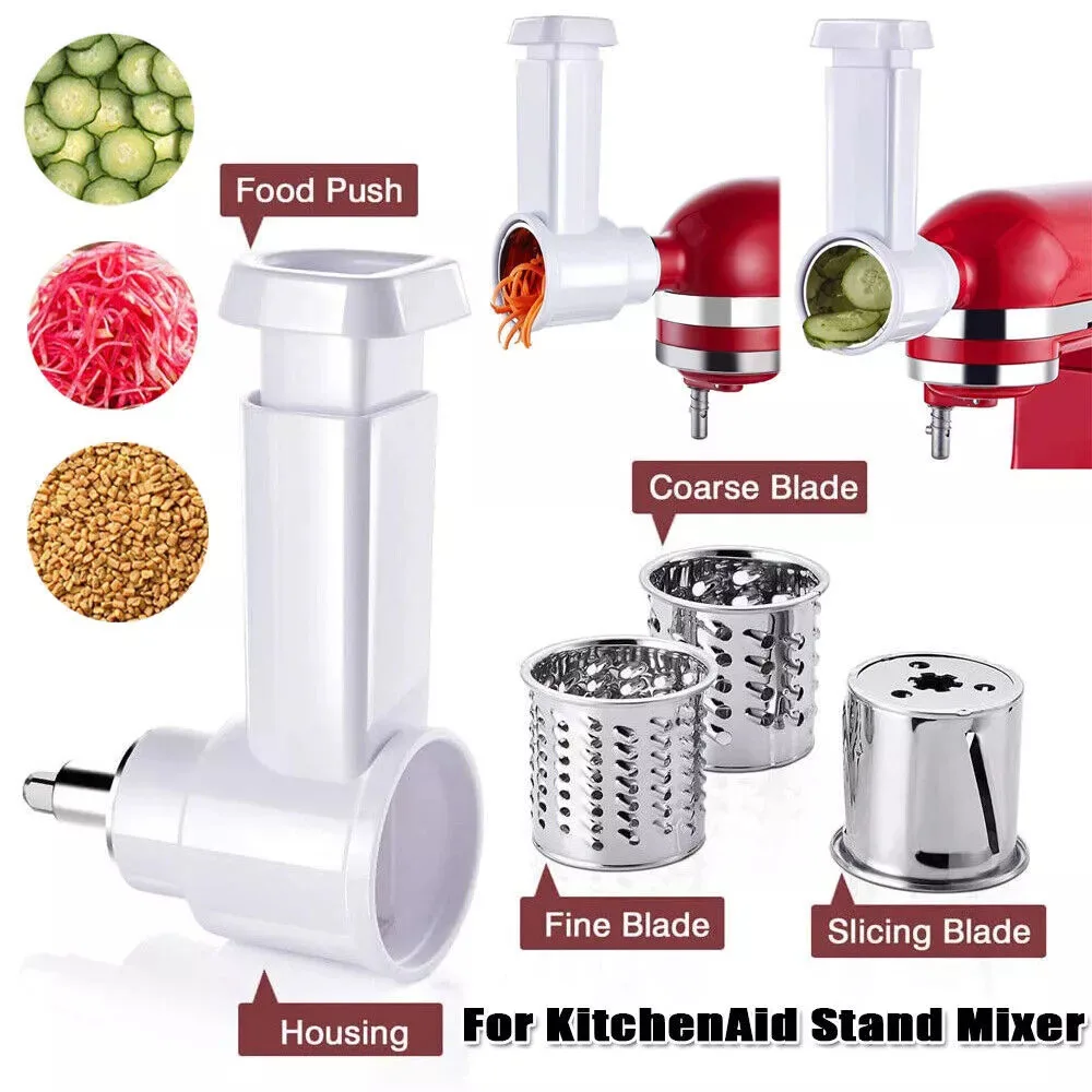 Vegetable Prep Slicer & Shredder 3 IN 1 Attachment Food Processor Pusher 3 Blades Stainless Steel For KitchenAid Stand Mixer