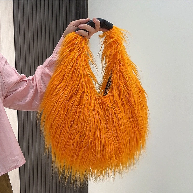 

Women Soft Plush Bag Simple Design Hobos Y2K Shoulder Bags Winter Furry Ladies Clutch Purse Handbag Fashion Female Underarm Bag