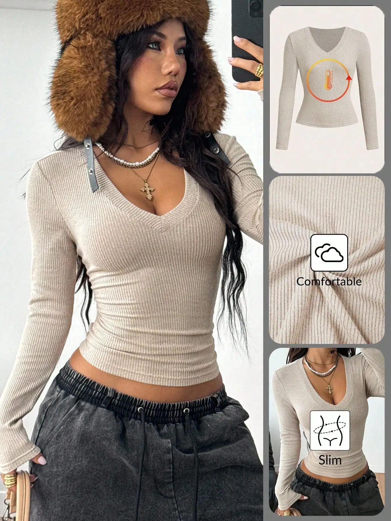 

Женский термотоп с ребристой текстурой, V-образным вырезом и длинными рукавами – облегающий, комфортный, эластичный, для зимнего повседневного образа