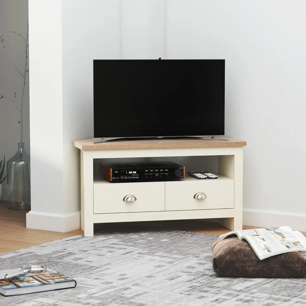 Corner TV Stand Up to 50, Entertainment Center TV Console Table with Drawers and Open Storage Compartment for Living Room