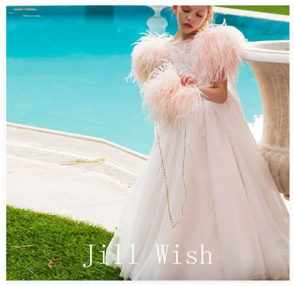 

Dusty Pink Flower Girl Dresses Tulle Pearls With Bow For Wedding Birthday Party Banquet Princess Gowns