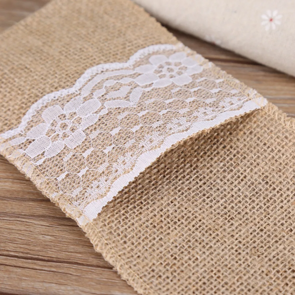 10Pcs Resuable Lace Tabbleware Holder Elegant Burlap Silverware Bag Pouch Bag Practical Napkin Bag Table Decoration