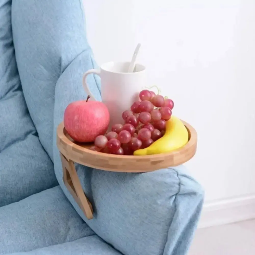 Specific Storage Natural Wooden Sofa Tray Foldable Bamboo-Wood Color Snack Tray Portable Circular Clip-On Tray Wide Couches