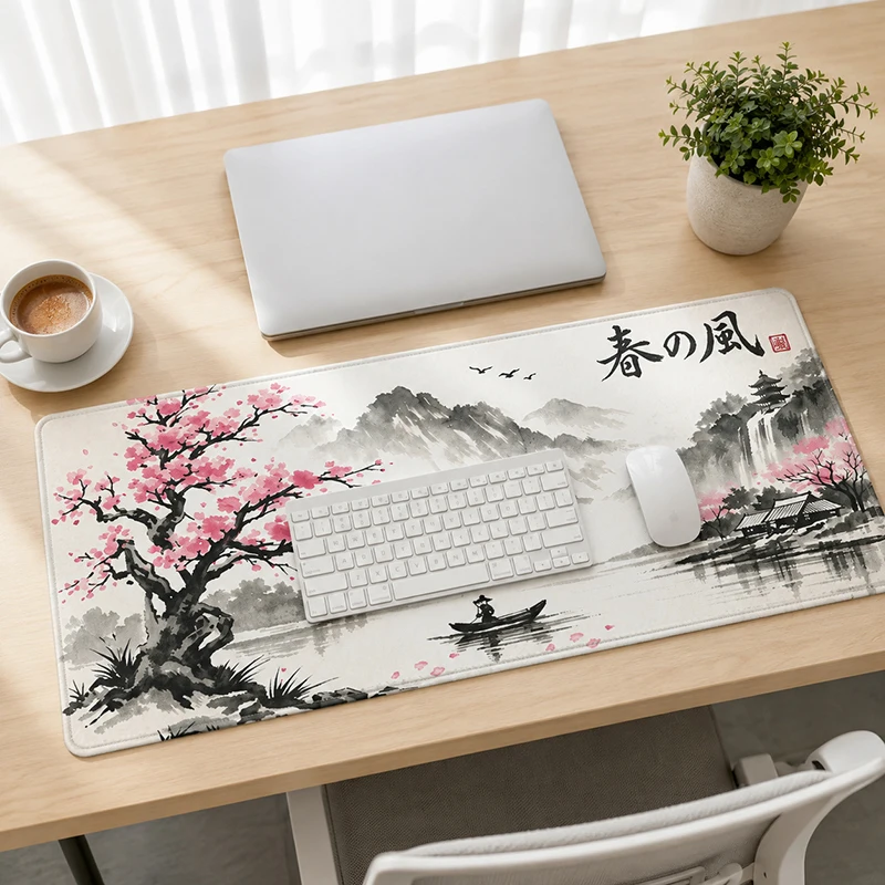 Mouse Pad Gaming Spring Cherry Blossom Ink Landscape XL Computer Mousepad XXL Desk Mats Soft Carpet Natural Rubber Laptop