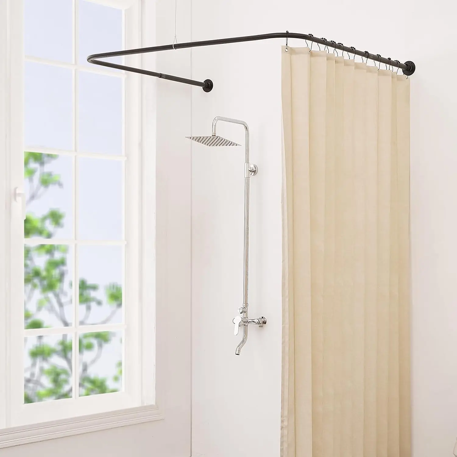 

Adjustable U-Shaped Shower Curtain Rod with 12 Hooks & Ceiling Support for Bathroom Bathtub