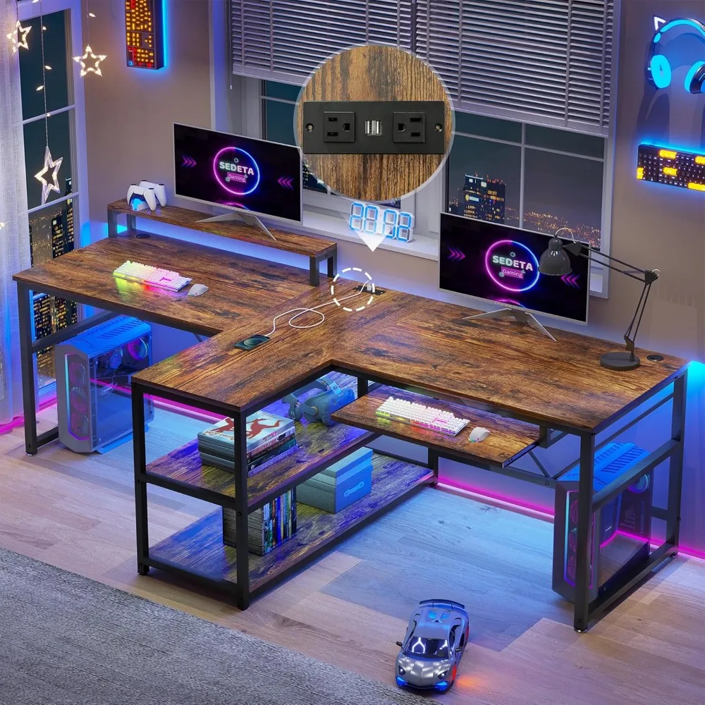 

Home Office Desks, Computer Gaming Desk with Storage, LED Lights, Power Strip with USB, Extra Long Double Desk for 2 Person