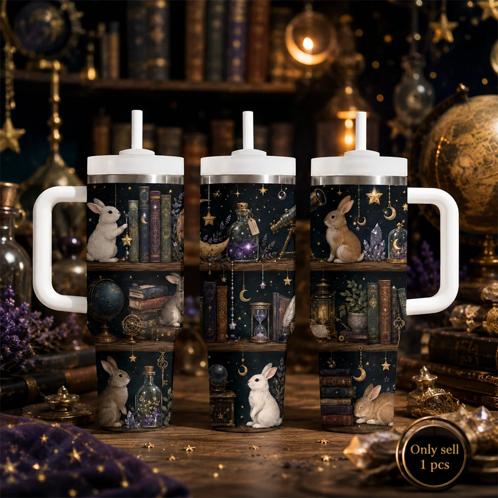 Vintage Cat Library Vacuum Flasks 40oz Portable Stainless Steel Tumbler with Handle Straw Double Wall Insulated Leakproof Mug