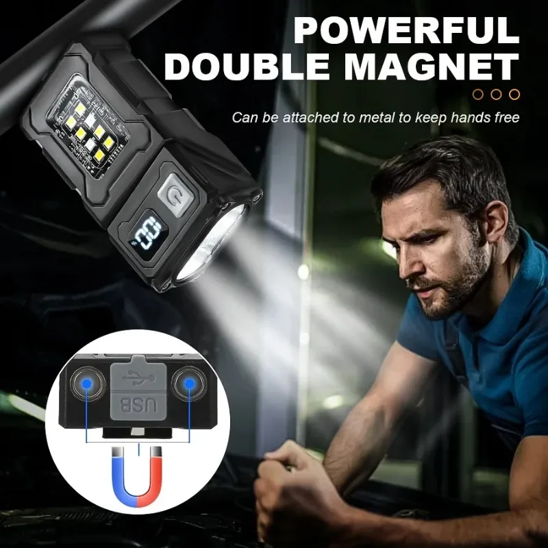 ไฟทำงานแบบมือถือแม่เหล็กขนาดเล็ก COB ปรับมุมได้ หัวคู่ ชาร์จ USB C 5 โหมด น้ำหนักเบา 45 กรัม กันน้ำ สำหรับซ่อมแซมกลางแจ้ง