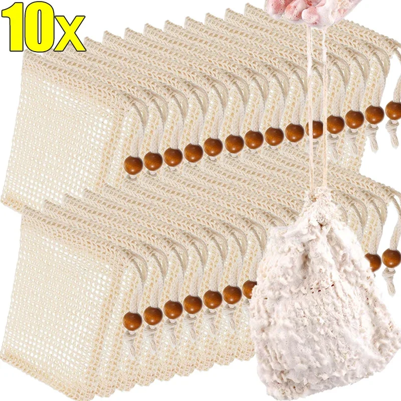 1/10Pcs Soap Foaming Net Mesh Bag Cotton Linen Soap Net Bag with Drawstring Hangable Shower Soap Bags Shower Cleaning Tools