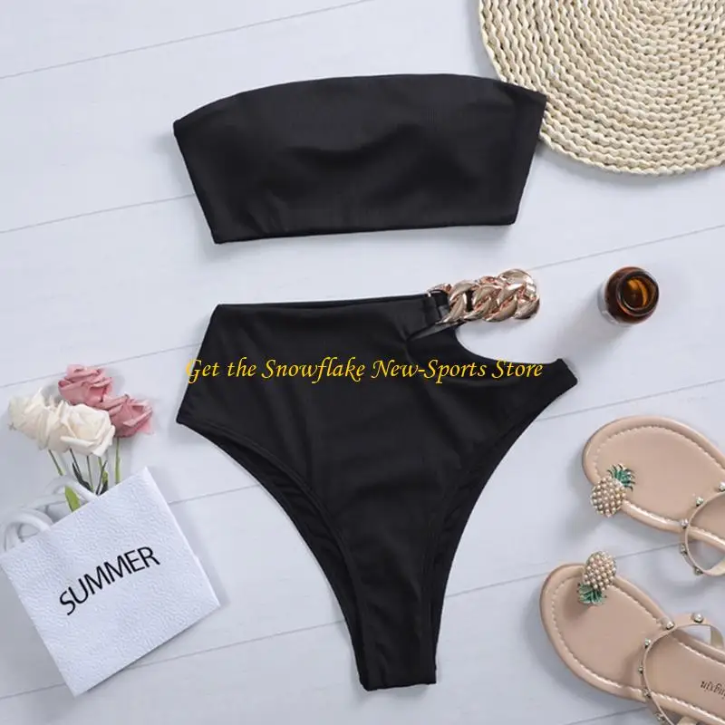 E56D Women Sexy 2pcs Set Strapless Bandeau Ribbed Color Swimsuit Cutout High Waist Chain Thong Bathing Suit
