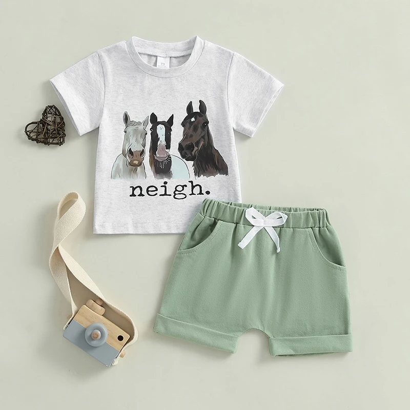 Infant Baby Boys Summer Outfits Cow/Horse Head Print Short Sleeves T-Shirt and Rolled Hem Shorts Set for 2 Piece Clothes Set