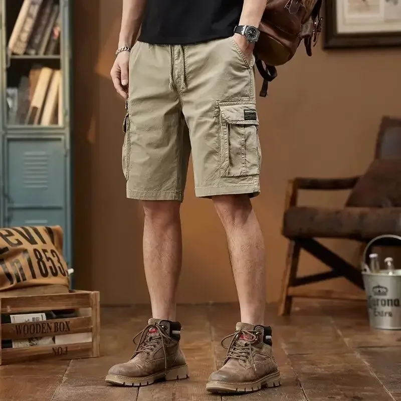 

Бермуды Длинные однотонные мужские шорты-карго Широкие полу с карманами Эластичная талия Мужские короткие брюки Мешковатые свободные популярные уличные брюки Y2k