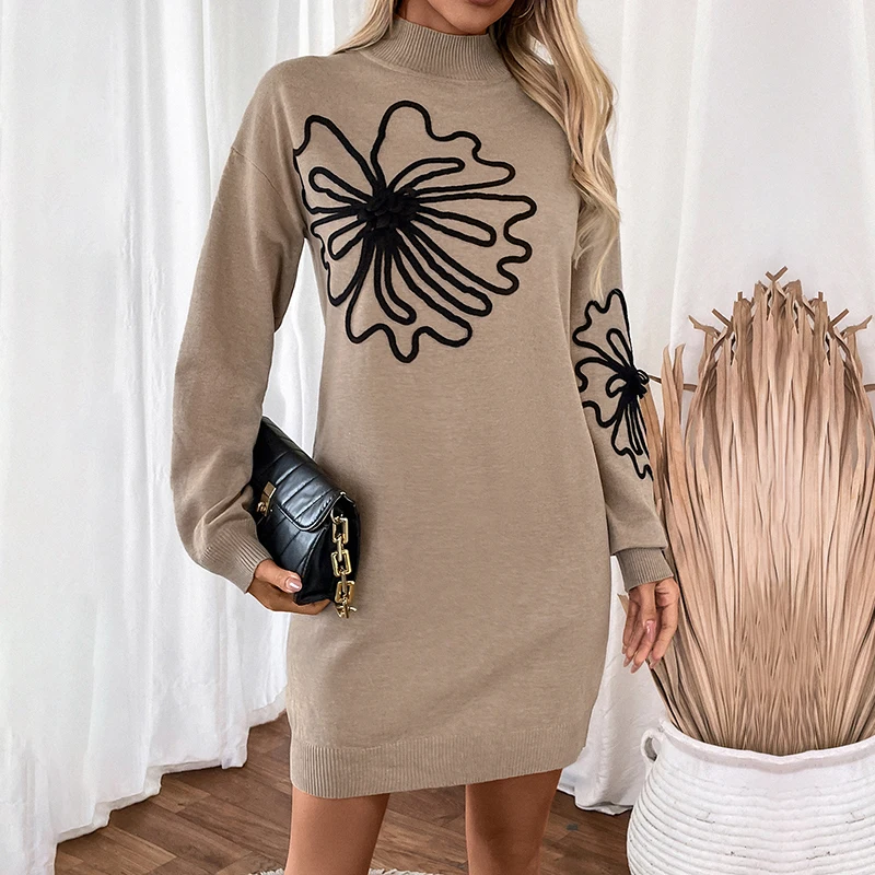 Women's Khaki Mock Neck Black Floral Pattern Sweater Dress Long Sleeve Autumn Winter Casual Loose Fit Daily Fashion Warm Outfit