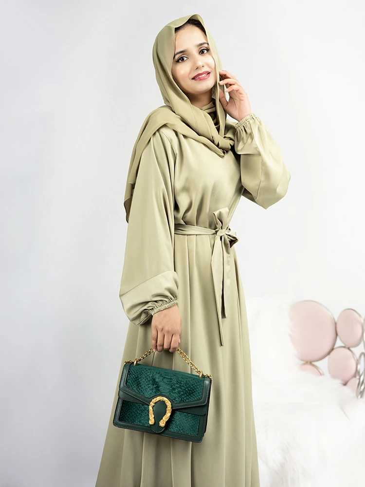 Muslim Women Dress Long Sleeves Ramadan Eid Dubai Abayas Satin Islam Clothing Hijab Robe Turkish Modest Outfit Kaftan (No Scarf)