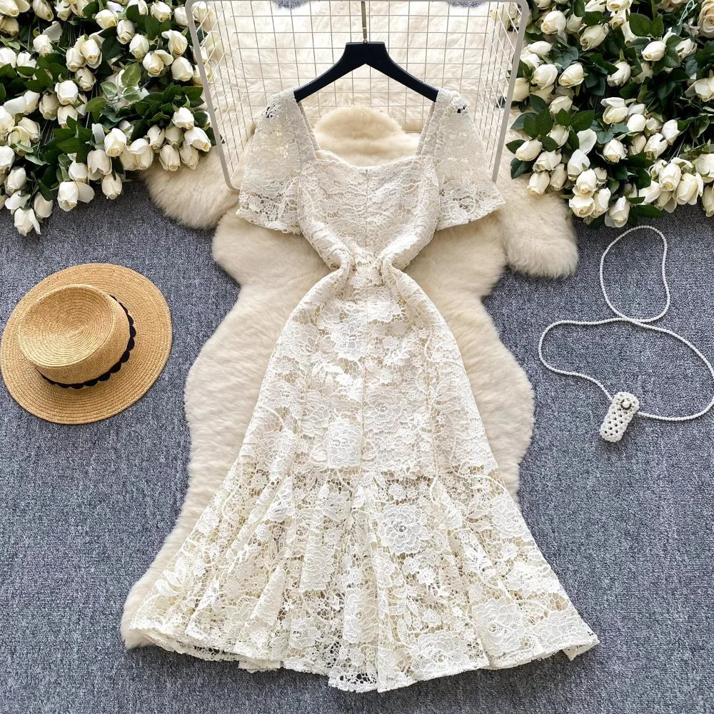 Seksowna sukienka z kwadratowym dekoltem i krótkim rękawem w kwiaty Chic Summer Beach fairycore Vestidos Vacation odzież damska