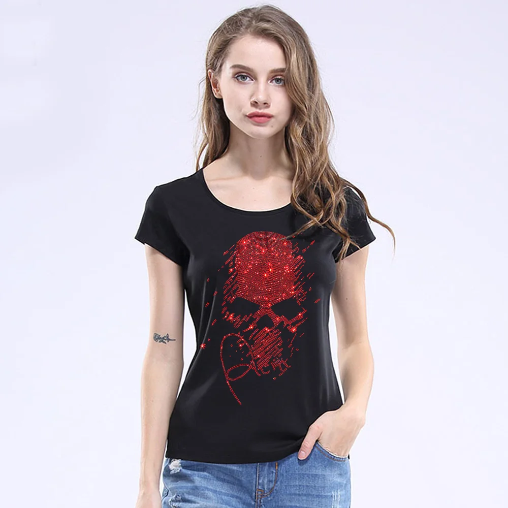 2024 Summer Women Cotton Short Sleeve T-shirt S-5XL Amazing Skulls Diamond Print Black T Shirts Ladies Tops Femme Clothing