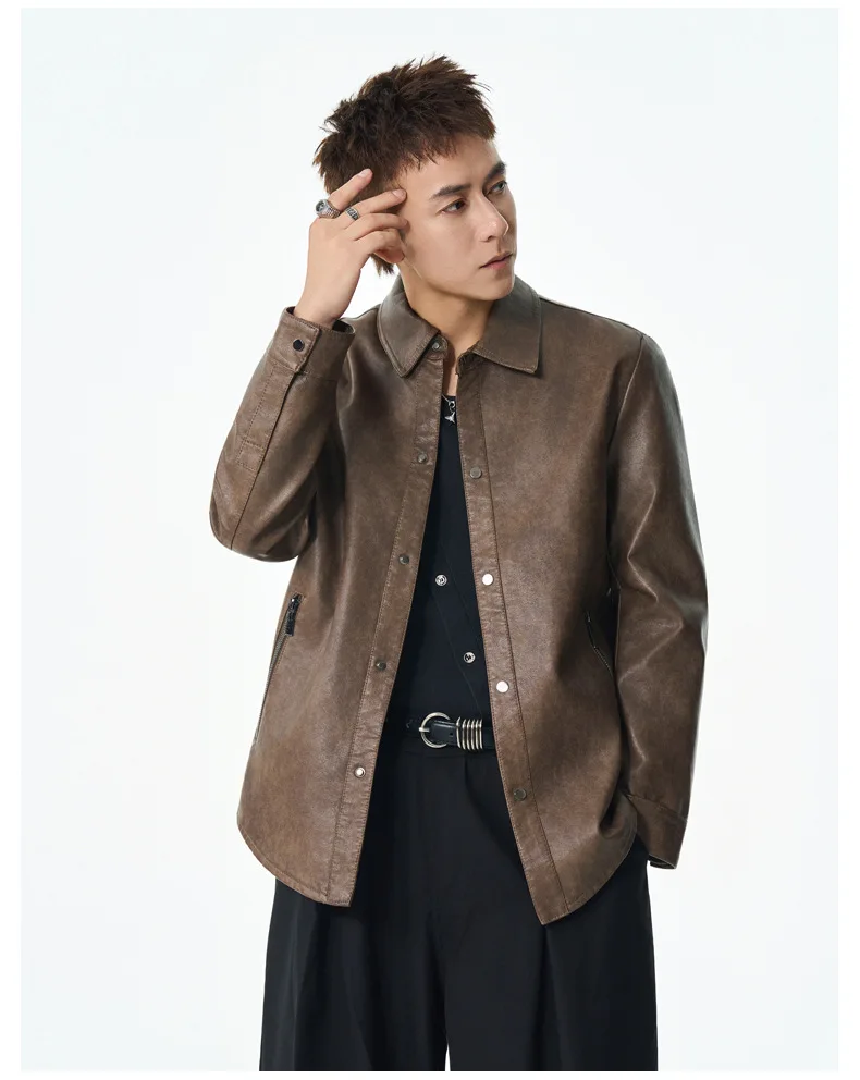 Men's Solid Color Turn-down Collar Single-breasted Long Sleeve Casual Trendy Simple Loose Faux Leather Coats Male Jackets Tops