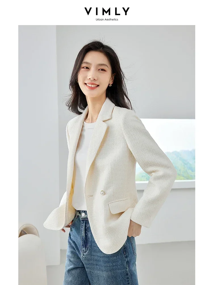 Vimly Apricot Tweed Blazers Spring Jacket Woman 2024 Elegant Outerwear Notched Double Breasted Long Sleeve Female Coat M2921