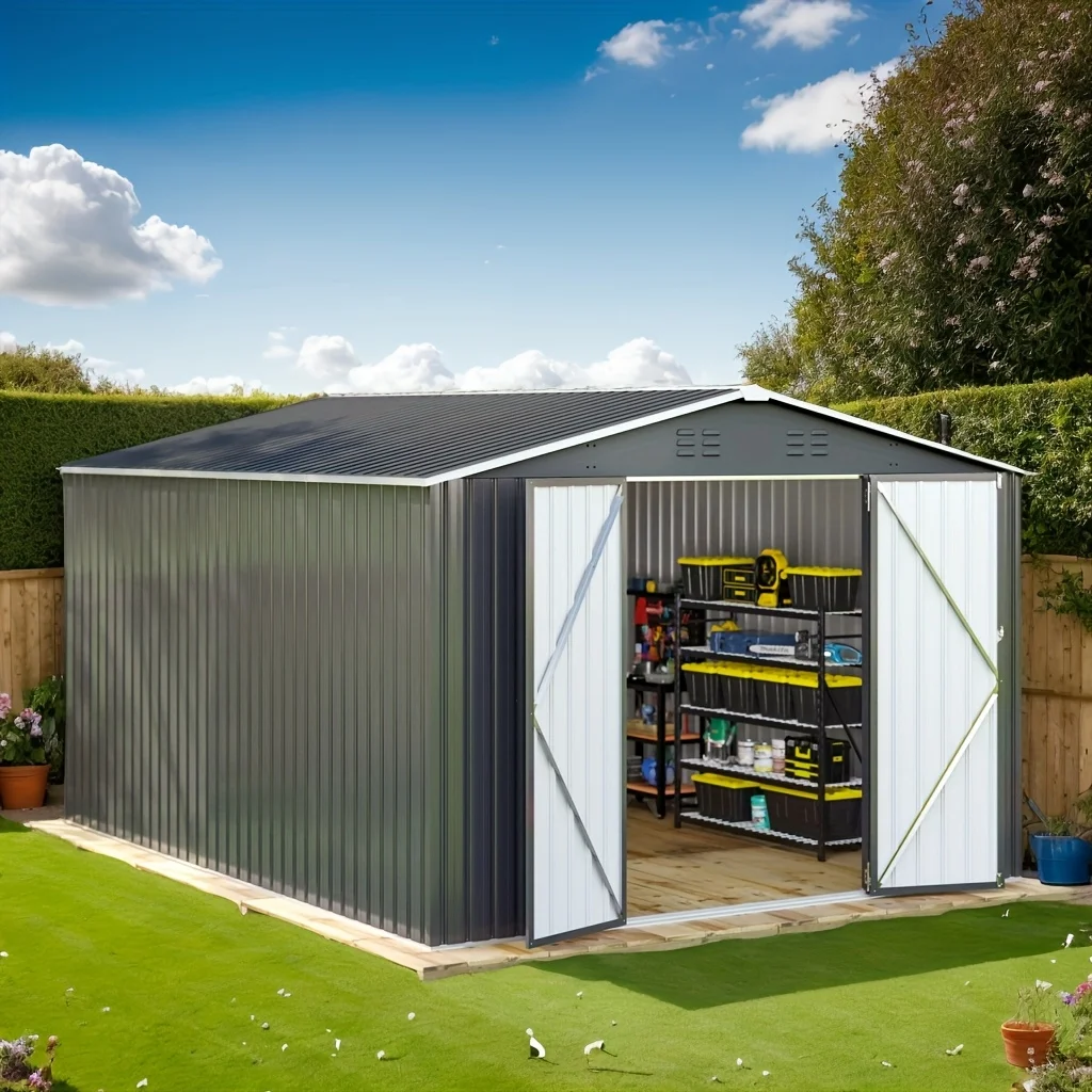 

[Metal Storage Shed] 14X10/12X14 FT Outdoor Metal Storage Shed With Reinforced Frame And Lockable Door, Super Spacious Shed With Increased Height For Garden, Backyard, Patio, And Tool Storage, Black Roof And White Roof