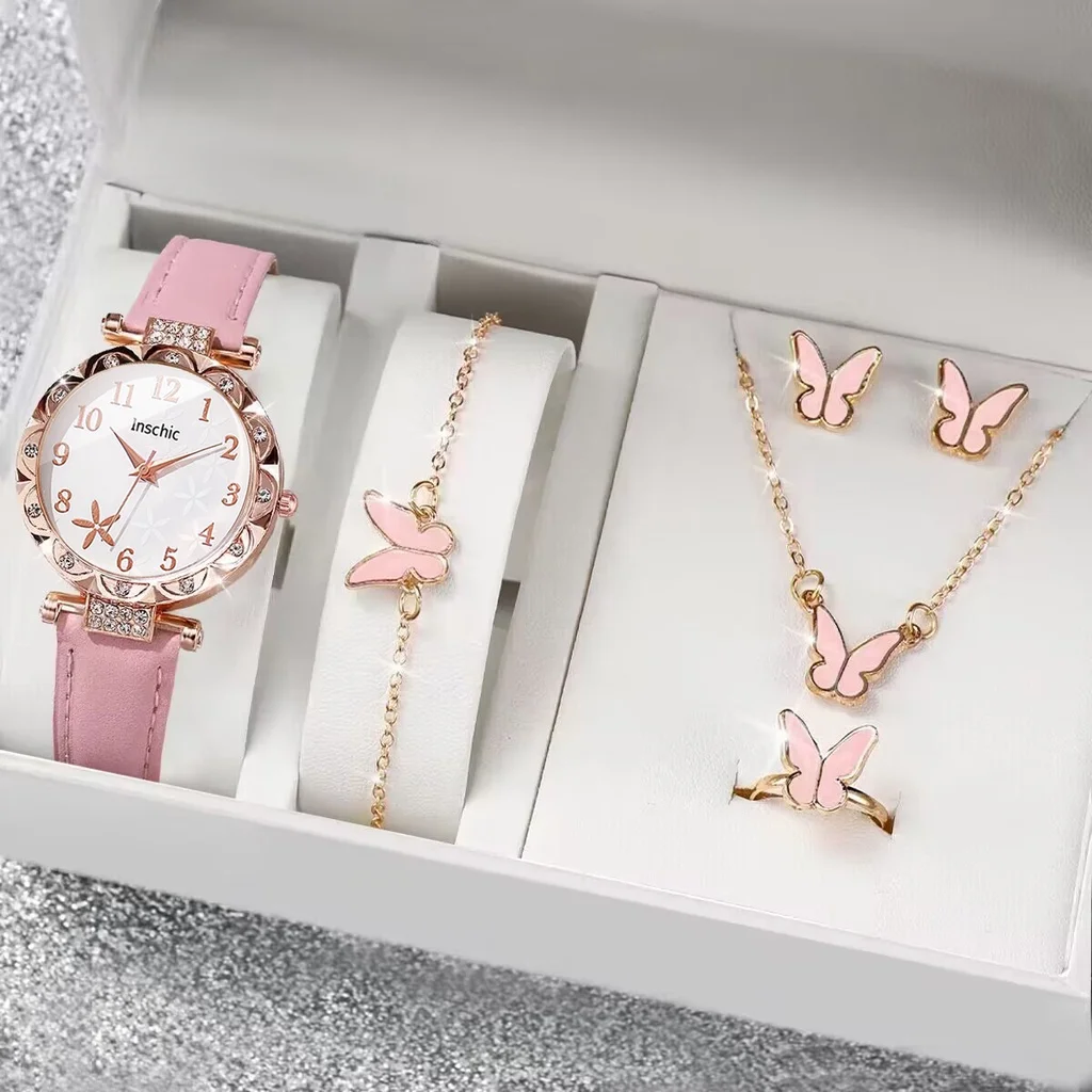 1/2/5/6 Uds. Reloj de Mujer con flores a la moda, conjunto de regalo de joyería de cuarzo con banda de cuero informal, Reloj para Mujer y niñas (sin caja)