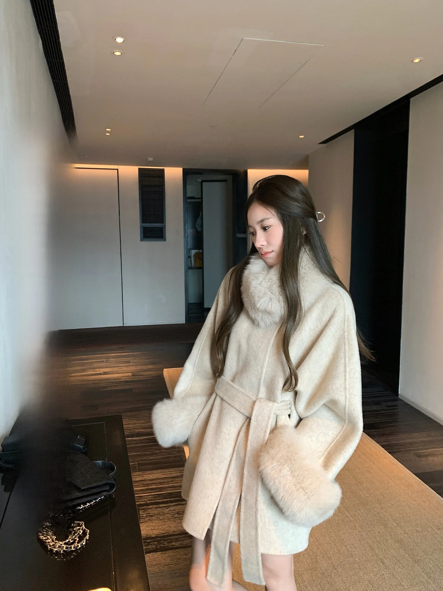 

Шерстяное пальто Hhi Twilight с двусторонним ворсом и меховым воротником для женщин, зимнее, класса люкс, элегантное, для повседневной носки