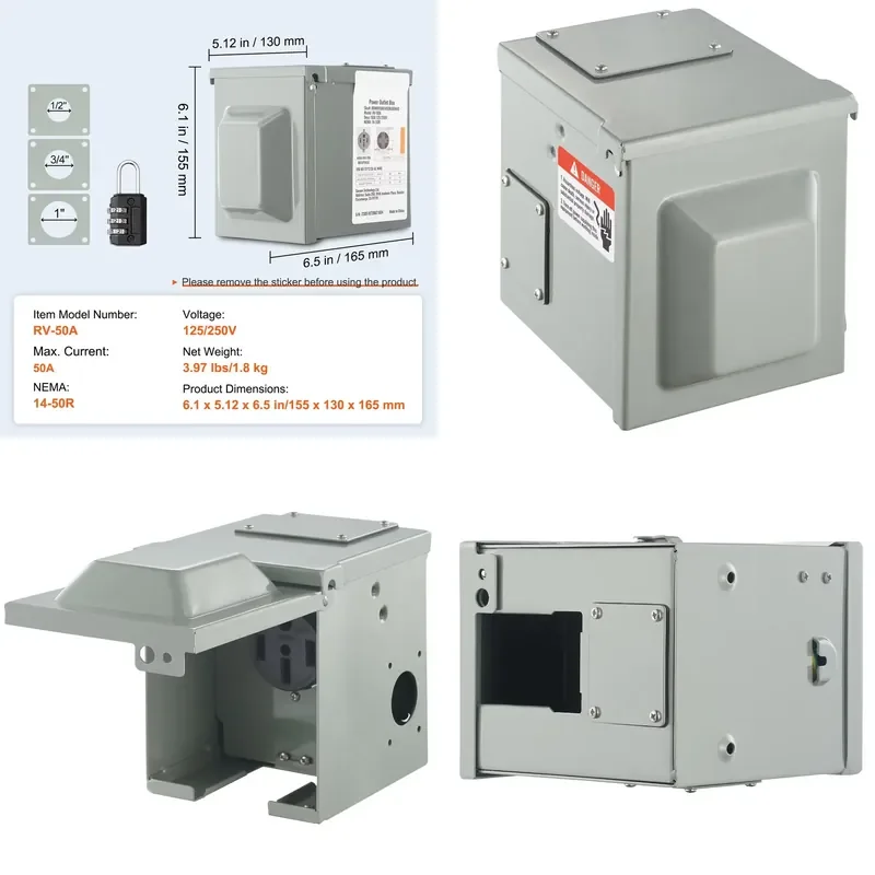 50 Amp RV Power Socket Box NEMA 14-50R Weatherproof Electrical Panel 125/250V Enclosed Lockable Outdoor RV Socket