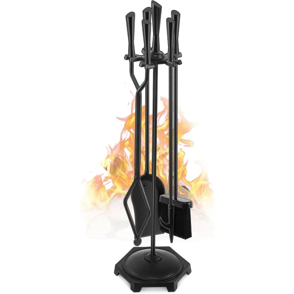 

5-Piece Fireplace Tools Set, 32" Black Wrought Iron with Stand for Indoor/Outdoor Use