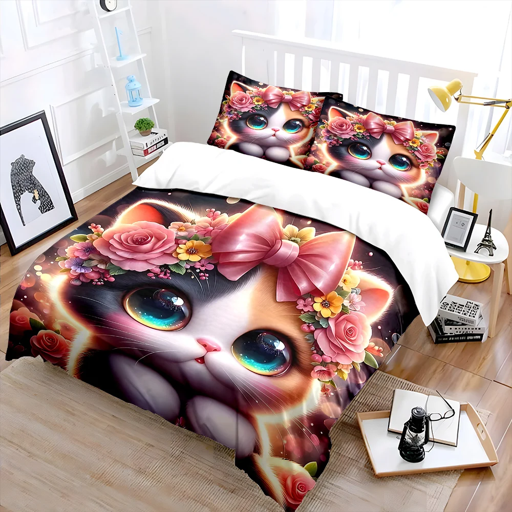 Cat ears with rose decoration Bedding Set for Kids Luxury Gift 3pcs Digital Print Comforter Set Soft Comfortable Breathable