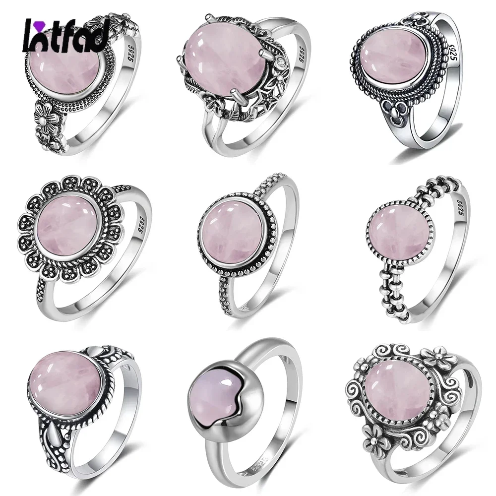 

S925 Sterling SilverRing for Women Oval Round Natural Rose Quartz Ring Gift Sun Shaped Retro Luxury Fashion Fine Jewelry