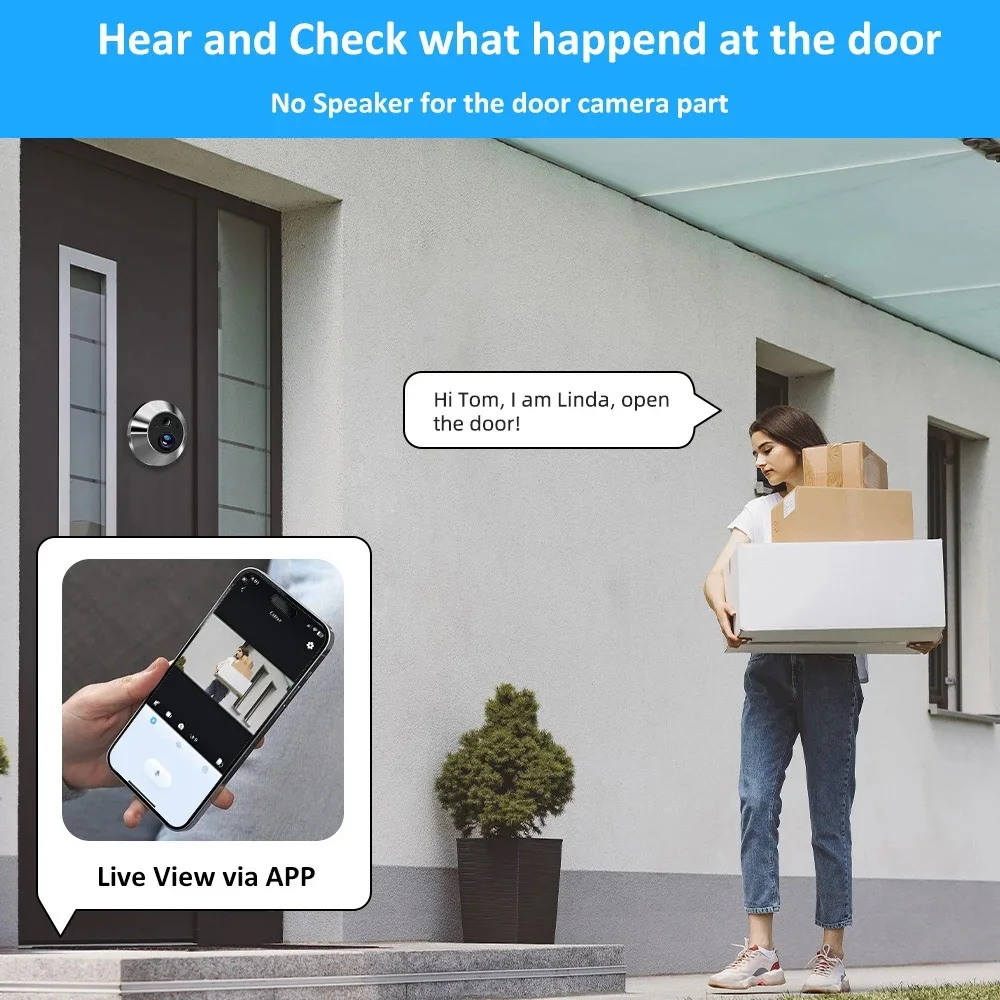 Câmera Peephole Eye, Wi-Fi, Detecção de Movimento PIR, Visualizador Digital, Campainha Inteligente Sem Fio, Aplicativo ICam365, 3MP, 2.4G