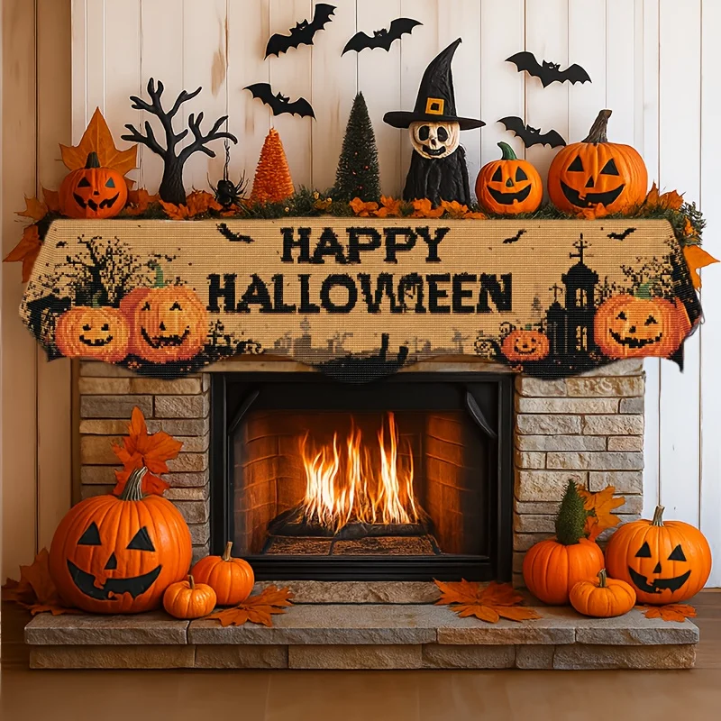 Halloween Fireplace Mantel Scarf Happy Halloween Pumpkin Mantel Topper Spooky Fireplace Shelf Cover Fall Holiday Home Decor