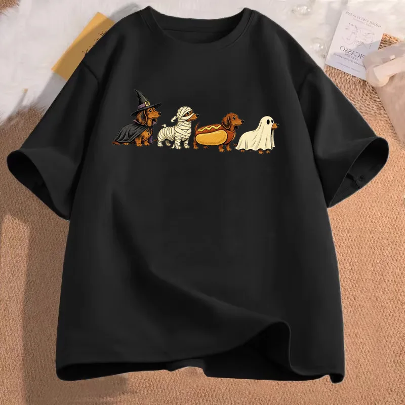 Dachshund Dogs Witch Mummy Hotdog Ghost Halloween Art Print Graphic Womens T Shirt Short Sleeve Crew Neck Casual Ladies Tee Tops