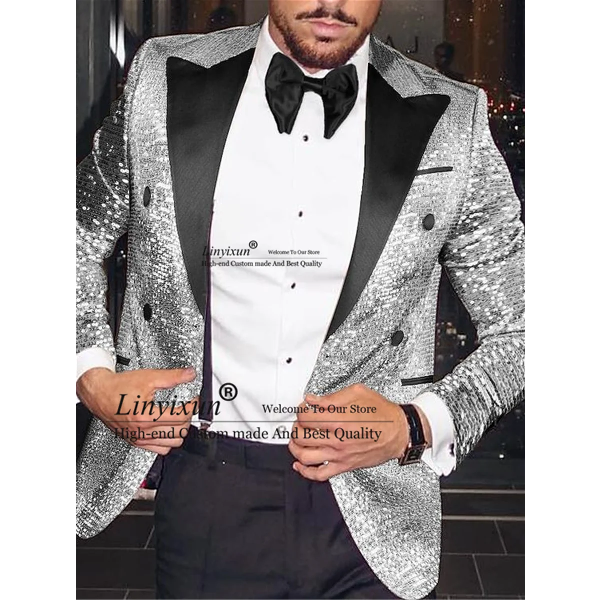 

Glitter Sequin Wedding Suits For Men Peaked Lapel Groom Tuxedos 2 Pieces Set Male Prom Blazers Slim Fit Party Costume Homme