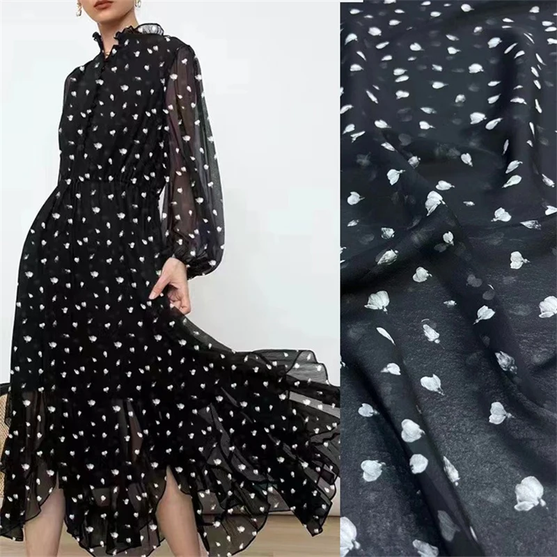 New Black Background Elastic Crepe De Chine and Georgette Silk Chiffon Fabric Dress Clothing Mulberry Silk Fabric Tule Satin