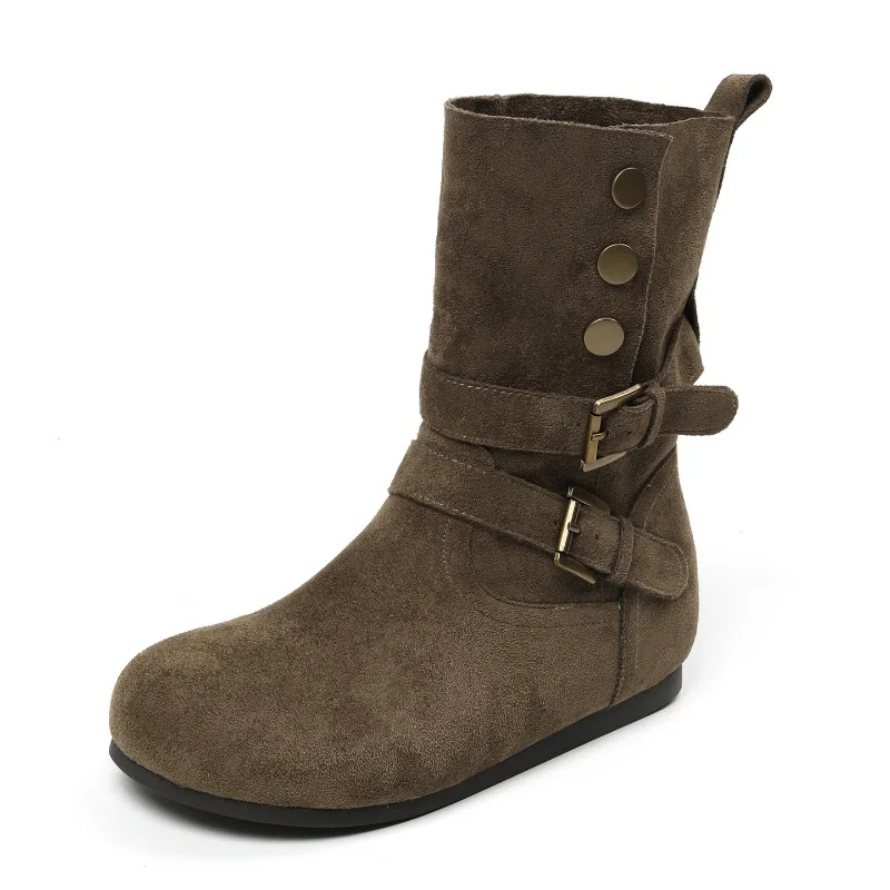Fashionable Retro Women's Short Boots Designer Belt Buckle Casual Woman's Shoes Cowboy Pleated Piled Boots for Women Botas Mujer