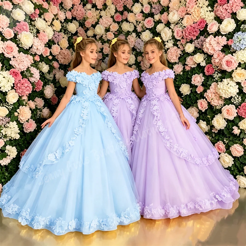 Gorgeous Off-Shoulder Princess Fluffy Flower Girl Dresses For Wedding Appliqued Pageant Birthday First Communion Dresses