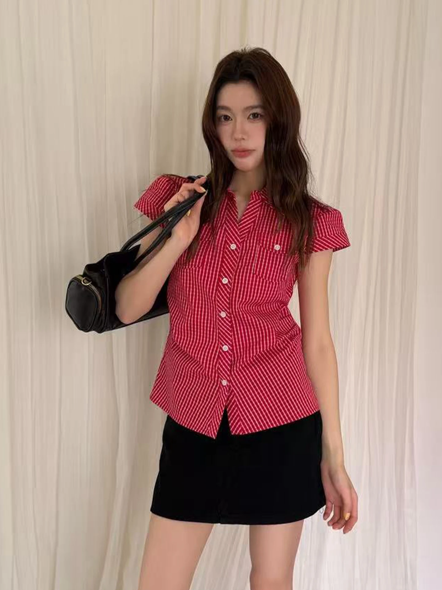 

Приталенная рубашка с коротким рукавом SAMEOLD, красно-белая, контрастная расцветка, с завязками на шее и талии, женская одежда, повседневный стиль, весна-лето