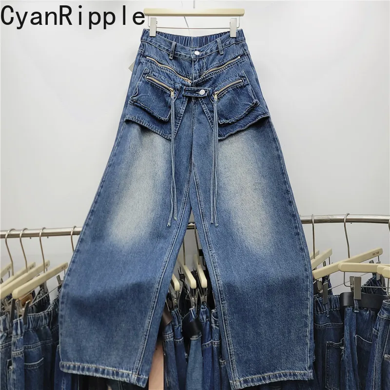 Vintage Faux Two-piece Patchwork Women Denim Pants New Autumn All-match High Waist Floor-length Wide Leg Straight Casual Jeans