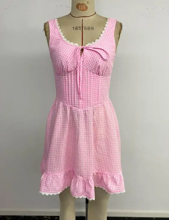 Womens Dresses 2026 New Spring Summer Solid Color Sweet Girl Lace Bow Strap Strap U-Neck Sleeveless Slim Daily Mini Dress