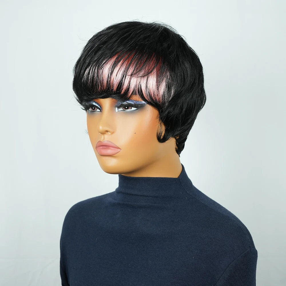 1B/60 ショートピクシーカット人毛ウィッグ、前髪付き、オンブレブラックミックスホワイト＆ブルーストレートブラジル人毛マシンメイドウィッグ