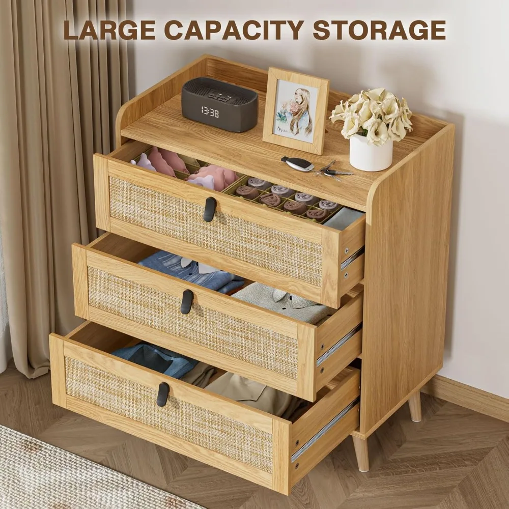 3 Drawer Rattan Dresser for Bedroom, Chest of Drawer, Modern Wood 3 Drawer Dresser with Natural Rattan Drawer for Entry