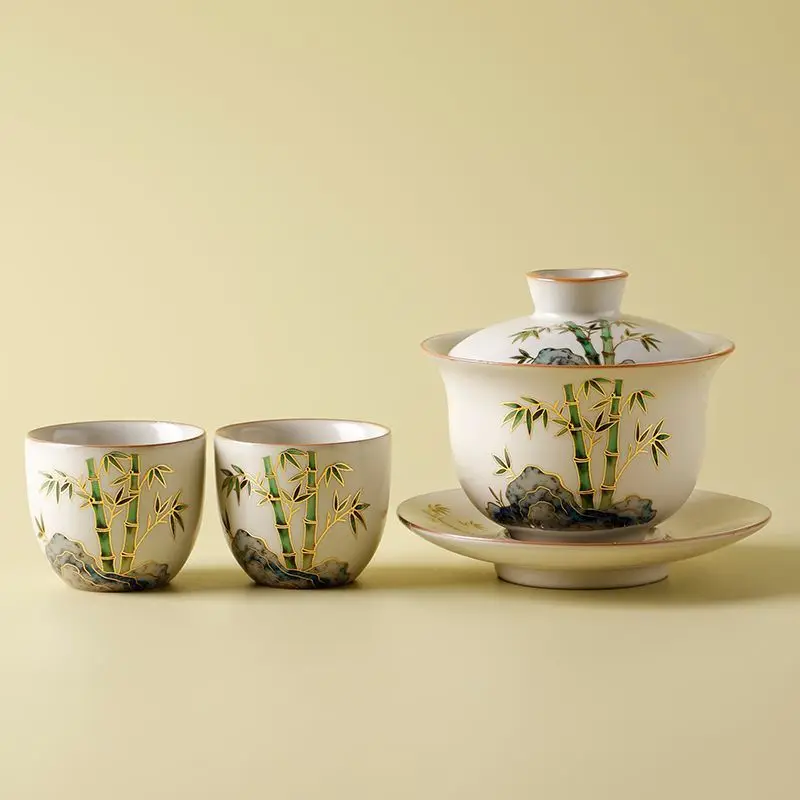 Gaiwan Tea Set 1 Gaiwan, 2 Cups, Hand-painted Ceramic, High-end Kung Fu Tea Set, Ru Kiln Teaware