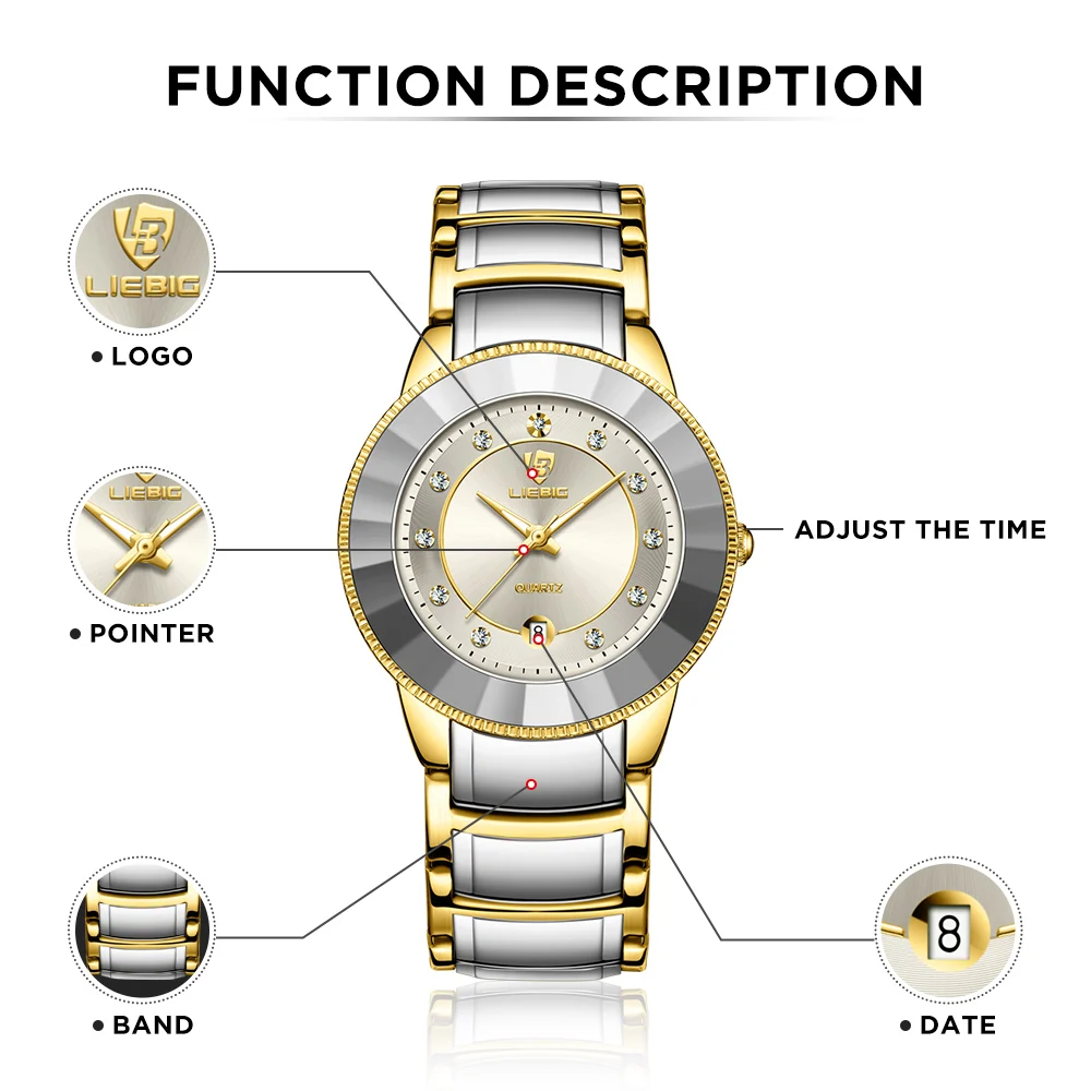 LIEBIG Business Mens Watches Style Luxury Watch Men Gold Stainless Steel Strap Quartz Women\'s wristwatch Clock relogio masculino