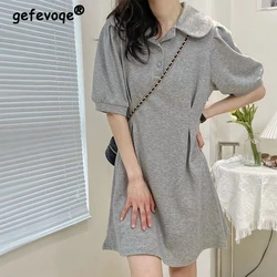 Summer Sweet Grace Short Sleeve Turn-down Collar Casual Grey Mini Dresses for Women Chic Korean Style Female Simple Wild Dress