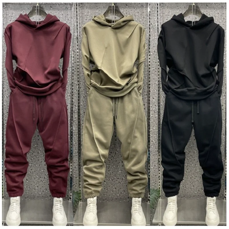 Autumn Winter Velvet Thickening Suit Men's Fashion Clean Version Two-piece Set Couple Style Versatile Solid Sports Sweatshirt