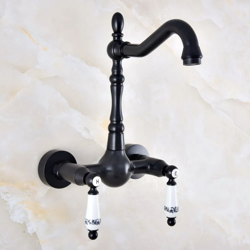 

Dual Handle Duals Hole Wall Mount Basin Faucet Oil Rubbed Bronze Bathroom Vanity Faucets Kitchen Sink Cold Hot Water Taps Dnf861