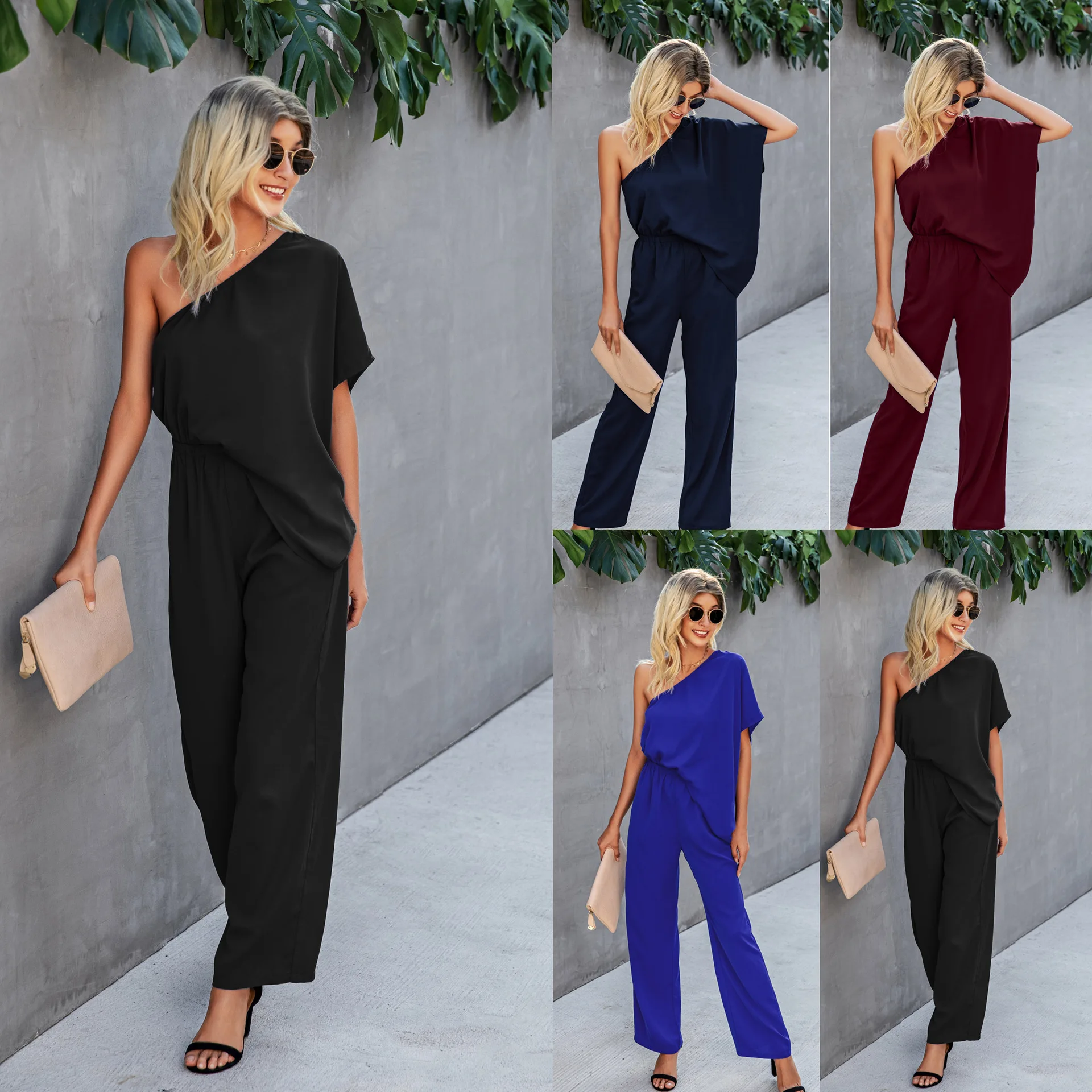 

Women Spring Summer New Sexy Off-the-shoulder Loose Jumpsuit Casual Home Jumpsuits Overall Pants High Waist Solid Color