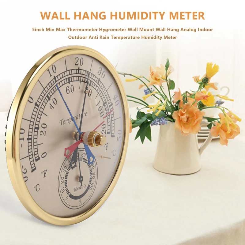 5Inch Min Max Thermometer Hygrometer Wall Mount Wall Hang Analog Indoor Outdoor Anti Rain Temperature Humidity Meter